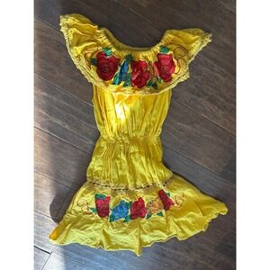 Yellow Embroidered Off Shoulder Dress‎ Floral Boho Peasant Mini